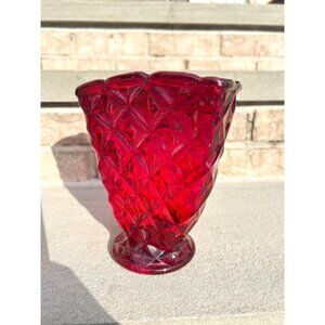 Vintage Ruby Red Odin Patterned Fan Style Glass Vase.